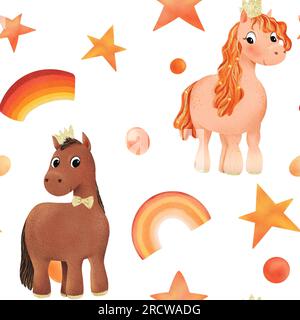 Ein nahtloses Muster von Prinzessin, Prinz, Wasserfarbenpony in der goldenen Krone, Sterne, Regenbogen. Kleines Mädchen Pferd. Lustiger Tierjunge. Design für Babyshirt Stockfoto