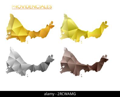 Satz von polygonalen Vektorkarten von Providenciales. Helle Gradientenkarte der Insel im niedrigen Poly-Stil. Mehrfarbige Providenciale-Karte im geometrischen Stil für Stock Vektor