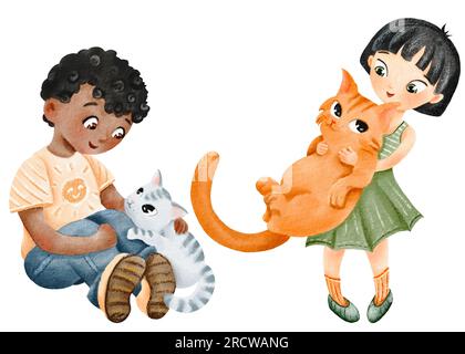 Set aus Kindern und Katzen. Der afroamerikanische Junge sitzt mit seinem Haustier. Das Asiatische Mädchen hält ihre rote Katze in Armen. Freundschaft. Aquarell isoliert Stockfoto