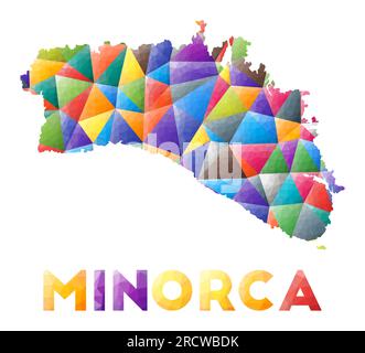 Minorca - farbenfrohe niedrige Poly-Island-Form. Mehrfarbige geometrische Dreiecke. Modernes, trendiges Design. Vektordarstellung. Stock Vektor
