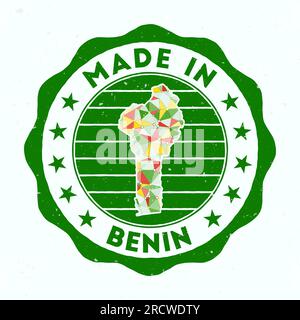 Hergestellt in Benin. Länderstempel. Benin-Dichtung mit Randform. Vintage-Abzeichen mit kreisförmigem Text und Sternen. Vektorabbildung. Stock Vektor