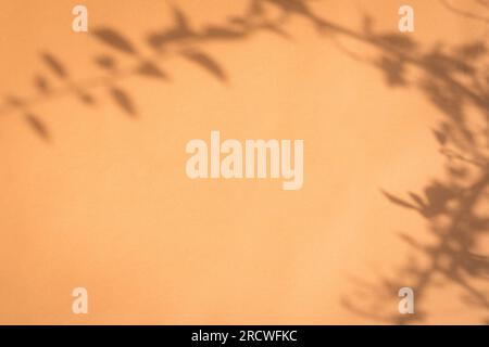 Tropischer Blattschatten auf orangefarbenem, beigefarbenem Papierhintergrund. Speicherplatz kopieren. Stockfoto