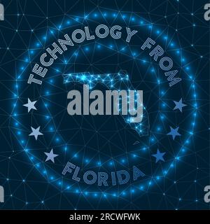 Technologie Aus Florida. Futuristisches geometrisches Abzeichen des US-Bundesstaates. Technologisches Konzept. Rundes Florida-Logo. Vektorabbildung. Stock Vektor
