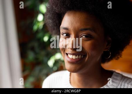 Porträt einer afroamerikanischen Frau mit Afro und lächelndem Nasenring im sonnigen Raum Stockfoto