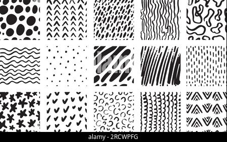Zeichenstift-Texturen, handgezeichneter Tintengrunge, nahtloses Muster-Kit. Doodle Sketch, Kritzeleien und Punkte, Stoffdrucke, neoterisches abstraktes Vektorset Stock Vektor