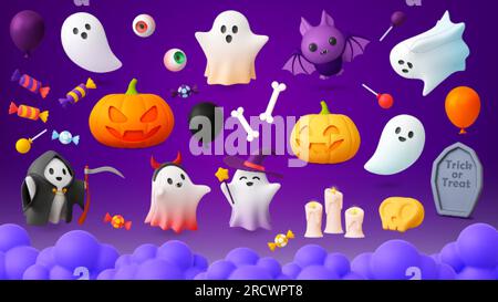 Halloween 3D Elemente. Horror mysteriöse Cartoon-Geister, Kürbis und Fledermaus. Monsterfiguren, Hexenhut und Süßigkeiten. Partyspitzenvektorplastin Stock Vektor