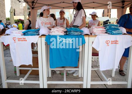 Zadar, Kroatien. 16. Juli 2023. Der Kindertag fand im Rahmen der Ankündigung der Veranstaltung „Gem Set Croatia“ in Zadar, Kroatien, am 16. Juli 2023 statt. Das von der Marin Cilic Foundation organisierte humanitäre und sportliche Schauspiel Gem Set Croatia wird zum dritten Mal in Zadar stattfinden. Wie jedes Jahr wird die Stiftung die gesammelten Gelder für den Bau eines Kinderspielplatzes verwenden. Foto: Sime Zelic/PIXSELL Credit: Pixsell/Alamy Live News Stockfoto