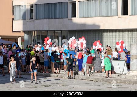 Zadar, Kroatien. 16. Juli 2023. Der Kindertag fand im Rahmen der Ankündigung der Veranstaltung „Gem Set Croatia“ in Zadar, Kroatien, am 16. Juli 2023 statt. Das von der Marin Cilic Foundation organisierte humanitäre und sportliche Schauspiel Gem Set Croatia wird zum dritten Mal in Zadar stattfinden. Wie jedes Jahr wird die Stiftung die gesammelten Gelder für den Bau eines Kinderspielplatzes verwenden. Foto: Sime Zelic/PIXSELL Credit: Pixsell/Alamy Live News Stockfoto