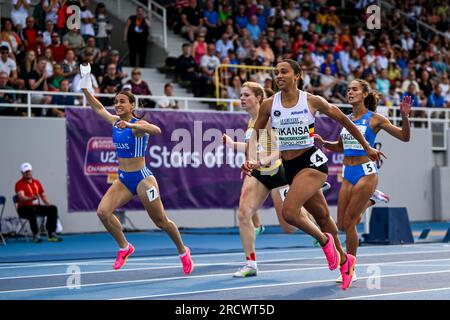 Espoo, Finnland. 16. Juli 2023. Belgisch Delphine Nkansa gewinnt die 200m Frauen am vierten und letzten Tag der europäischen Leichtathletik-Meisterschaft U23, Sonntag, den 16. Juli 2023 in Espoo, Finnland. Die Europameisterschaften finden vom 13. Bis 17. Juli statt. BELGA FOTO THOMAS WINDESTAM Kredit: Belga News Agency/Alamy Live News Stockfoto