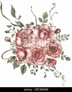 Aquarell rote Blumen Blumenstrauß, Blumenillustration, Blatt und Knospen Clipart. Botanische Komposition für Hochzeit oder Grußkarte. Blütenzweig mit g. Stockfoto