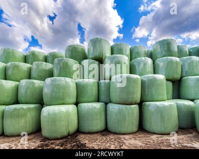 Gestapelte Strohballen mit grünem, wetterfestem Kunststoff - Saint-Michel-en-Brenne, Indre (36), Frankreich. Stockfoto