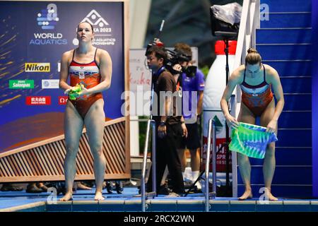 Fukuoka, Japan. 17. Juli 2023. FUKUOKA, JAPAN - JULI 17: Inge Jansen aus den Niederlanden und Celine van Duijn aus den Niederlanden nehmen an der Women 3m Teil, die am 4. Tag der Fukuoka 2023 World Aquatics Championships im Präfekturpool Fukuoka am 17. Juli 2023 in Fukuoka, Japan, synchronisiert wird (Foto: Nikola Krstic/BSR Agency) Kredit: BSR Agency/Alamy Live News Stockfoto