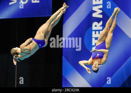 Fukuoka, Japan. 17. Juli 2023. FUKUOKA, JAPAN - JULI 17: Inge Jansen aus den Niederlanden und Celine van Duijn aus den Niederlanden nehmen an der Women 3m Teil, die am 4. Tag der Fukuoka 2023 World Aquatics Championships im Präfekturpool Fukuoka am 17. Juli 2023 in Fukuoka, Japan, synchronisiert wird (Foto: Nikola Krstic/BSR Agency) Kredit: BSR Agency/Alamy Live News Stockfoto