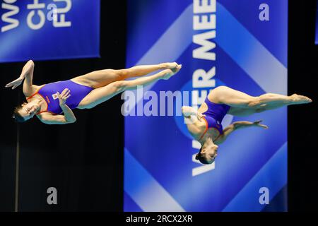 Fukuoka, Japan. 17. Juli 2023. FUKUOKA, JAPAN - JULI 17: Inge Jansen aus den Niederlanden und Celine van Duijn aus den Niederlanden nehmen an der Women 3m Teil, die am 4. Tag der Fukuoka 2023 World Aquatics Championships im Präfekturpool Fukuoka am 17. Juli 2023 in Fukuoka, Japan, synchronisiert wird (Foto: Nikola Krstic/BSR Agency) Kredit: BSR Agency/Alamy Live News Stockfoto
