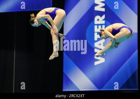 Fukuoka, Japan. 17. Juli 2023. FUKUOKA, JAPAN - JULI 17: Inge Jansen aus den Niederlanden und Celine van Duijn aus den Niederlanden nehmen an der Women 3m Teil, die am 4. Tag der Fukuoka 2023 World Aquatics Championships im Präfekturpool Fukuoka am 17. Juli 2023 in Fukuoka, Japan, synchronisiert wird (Foto: Nikola Krstic/BSR Agency) Kredit: BSR Agency/Alamy Live News Stockfoto