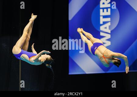 Fukuoka, Japan. 17. Juli 2023. FUKUOKA, JAPAN - JULI 17: Inge Jansen aus den Niederlanden und Celine van Duijn aus den Niederlanden nehmen an der Women 3m Teil, die am 4. Tag der Fukuoka 2023 World Aquatics Championships im Präfekturpool Fukuoka am 17. Juli 2023 in Fukuoka, Japan, synchronisiert wird (Foto: Nikola Krstic/BSR Agency) Kredit: BSR Agency/Alamy Live News Stockfoto