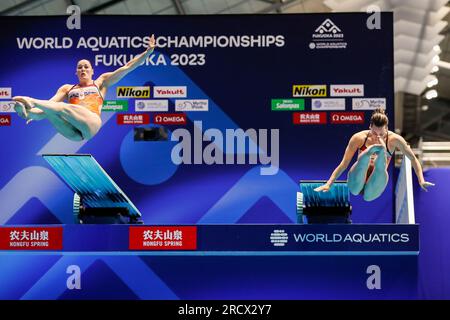 Fukuoka, Japan. 17. Juli 2023. FUKUOKA, JAPAN - JULI 17: Inge Jansen aus den Niederlanden und Celine van Duijn aus den Niederlanden nehmen an der Women 3m Teil, die am 4. Tag der Fukuoka 2023 World Aquatics Championships im Präfekturpool Fukuoka am 17. Juli 2023 in Fukuoka, Japan, synchronisiert wird (Foto: Nikola Krstic/BSR Agency) Kredit: BSR Agency/Alamy Live News Stockfoto