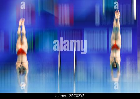 Fukuoka, Japan. 17. Juli 2023. FUKUOKA, JAPAN - JULI 17: Inge Jansen aus den Niederlanden und Celine van Duijn aus den Niederlanden nehmen an der Women 3m Teil, die am 4. Tag der Fukuoka 2023 World Aquatics Championships im Präfekturpool Fukuoka am 17. Juli 2023 in Fukuoka, Japan, synchronisiert wird (Foto: Nikola Krstic/BSR Agency) Kredit: BSR Agency/Alamy Live News Stockfoto