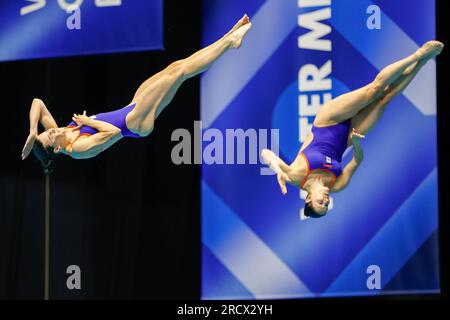 Fukuoka, Japan. 17. Juli 2023. FUKUOKA, JAPAN - JULI 17: Inge Jansen aus den Niederlanden und Celine van Duijn aus den Niederlanden nehmen an der Women 3m Teil, die am 4. Tag der Fukuoka 2023 World Aquatics Championships im Präfekturpool Fukuoka am 17. Juli 2023 in Fukuoka, Japan, synchronisiert wird (Foto: Nikola Krstic/BSR Agency) Kredit: BSR Agency/Alamy Live News Stockfoto