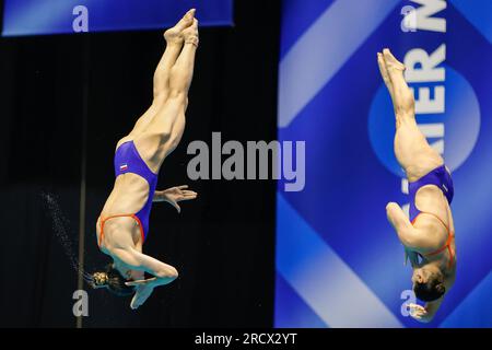 Fukuoka, Japan. 17. Juli 2023. FUKUOKA, JAPAN - JULI 17: Inge Jansen aus den Niederlanden und Celine van Duijn aus den Niederlanden nehmen an der Women 3m Teil, die am 4. Tag der Fukuoka 2023 World Aquatics Championships im Präfekturpool Fukuoka am 17. Juli 2023 in Fukuoka, Japan, synchronisiert wird (Foto: Nikola Krstic/BSR Agency) Kredit: BSR Agency/Alamy Live News Stockfoto