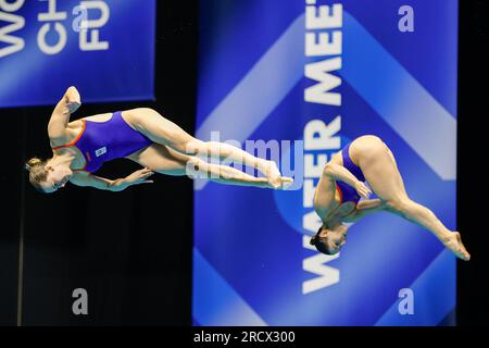 Fukuoka, Japan. 17. Juli 2023. FUKUOKA, JAPAN - JULI 17: Inge Jansen aus den Niederlanden und Celine van Duijn aus den Niederlanden nehmen an der Women 3m Teil, die am 4. Tag der Fukuoka 2023 World Aquatics Championships im Präfekturpool Fukuoka am 17. Juli 2023 in Fukuoka, Japan, synchronisiert wird (Foto: Nikola Krstic/BSR Agency) Kredit: BSR Agency/Alamy Live News Stockfoto