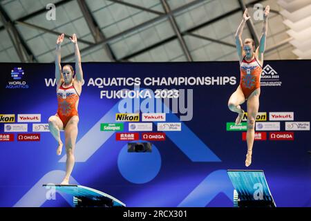 Fukuoka, Japan. 17. Juli 2023. FUKUOKA, JAPAN - JULI 17: Inge Jansen aus den Niederlanden und Celine van Duijn aus den Niederlanden nehmen an der Women 3m Teil, die am 4. Tag der Fukuoka 2023 World Aquatics Championships im Präfekturpool Fukuoka am 17. Juli 2023 in Fukuoka, Japan, synchronisiert wird (Foto: Nikola Krstic/BSR Agency) Kredit: BSR Agency/Alamy Live News Stockfoto