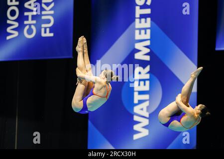 Fukuoka, Japan. 17. Juli 2023. FUKUOKA, JAPAN - JULI 17: Inge Jansen aus den Niederlanden und Celine van Duijn aus den Niederlanden nehmen an der Women 3m Teil, die am 4. Tag der Fukuoka 2023 World Aquatics Championships im Präfekturpool Fukuoka am 17. Juli 2023 in Fukuoka, Japan, synchronisiert wird (Foto: Nikola Krstic/BSR Agency) Kredit: BSR Agency/Alamy Live News Stockfoto