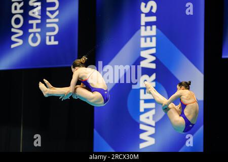 Fukuoka, Japan. 17. Juli 2023. FUKUOKA, JAPAN - JULI 17: Inge Jansen aus den Niederlanden und Celine van Duijn aus den Niederlanden nehmen an der Women 3m Teil, die am 4. Tag der Fukuoka 2023 World Aquatics Championships im Präfekturpool Fukuoka am 17. Juli 2023 in Fukuoka, Japan, synchronisiert wird (Foto: Nikola Krstic/BSR Agency) Kredit: BSR Agency/Alamy Live News Stockfoto