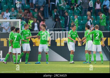 Christian Träsch, Josué, Srdjan Lakic, Marcel Schäfer , Hasan Salihamidzic , Patrick Ochs Jubel nach Spielende Fußball Bundesliga VFL Wolfsburg - 1.FC Kaiserslautern 1:0. 24,9.2011in Wolfsburg Stockfoto