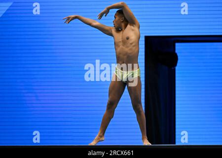 Fukuoka, Japan. 17. Juli 2023. Quentin Rakotomalala aus Frankreich tritt während der Wasserweltmeisterschaft 20. in der Marine Messe Hall A in Fukuoka (Japan) am 17. Juli 2023 im Solo Tech Men Final an. Kredit: Insidefoto di andrea staccioli/Alamy Live News Stockfoto