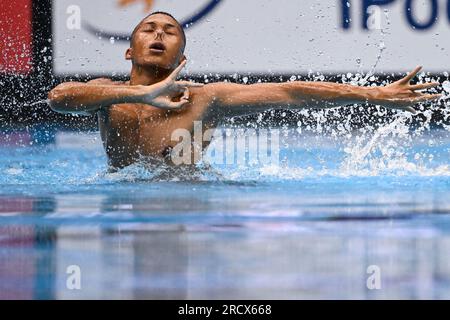 Fukuoka, Japan. 17. Juli 2023. Quentin Rakotomalala aus Frankreich tritt während der Wasserweltmeisterschaft 20. in der Marine Messe Hall A in Fukuoka (Japan) am 17. Juli 2023 im Solo Tech Men Final an. Kredit: Insidefoto di andrea staccioli/Alamy Live News Stockfoto