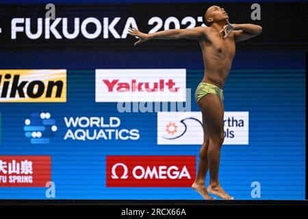 Fukuoka, Japan. 17. Juli 2023. Quentin Rakotomalala aus Frankreich tritt während der Wasserweltmeisterschaft 20. in der Marine Messe Hall A in Fukuoka (Japan) am 17. Juli 2023 im Solo Tech Men Final an. Kredit: Insidefoto di andrea staccioli/Alamy Live News Stockfoto