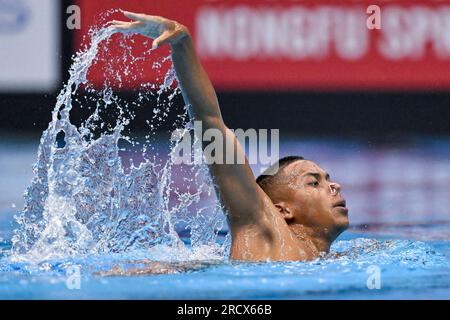 Fukuoka, Japan. 17. Juli 2023. Quentin Rakotomalala aus Frankreich tritt während der Wasserweltmeisterschaft 20. in der Marine Messe Hall A in Fukuoka (Japan) am 17. Juli 2023 im Solo Tech Men Final an. Kredit: Insidefoto di andrea staccioli/Alamy Live News Stockfoto