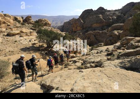 Walkers im Wadi al-Aghlat vor Little Petra, Jordanien, Naher Osten Stockfoto