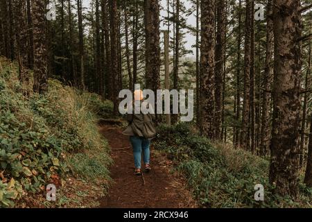 Frau wandert auf einem regnerischen Pfad im Wald, Florenz, ODER Stockfoto