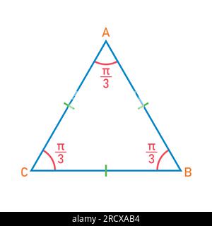 Eigenschaften gleichseitiger Dreiecke in der Mathematik. Drei Seiten mit gleicher Länge. Geometrische Form. Vektordarstellung isoliert auf weißem Hintergrund. Stock Vektor