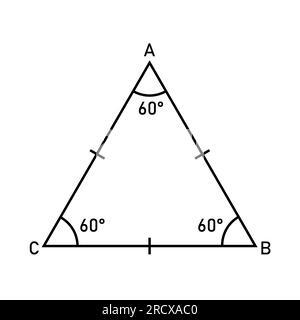 Eigenschaften gleichseitiger Dreiecke in der Mathematik. Drei Seiten mit gleicher Länge. Geometrische Form. Vektordarstellung isoliert auf weißem Hintergrund. Stock Vektor