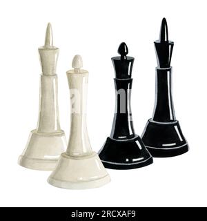 Aquarelle Schachkönigin und Königin in Schwarz und Weiß. Realistische Gruppe von Zahlen Stockfoto