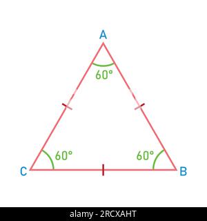 Eigenschaften gleichseitiger Dreiecke in der Mathematik. Drei Seiten mit gleicher Länge. Geometrische Form. Vektordarstellung isoliert auf weißem Hintergrund. Stock Vektor