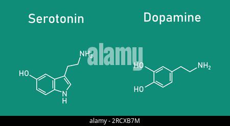 Dopamin- und Serotoninmolekularstruktur. Wissenschaftliche Vektordarstellung auf schwarzem Brett-Hintergrund isoliert. Stock Vektor