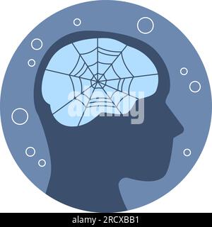 Überladenes Spinnennetz. Müll im menschlichen Kopf, psychische Probleme und Geisteshygiene. Psychologie oder Psychotherapie der neueren Vektormetapher Stock Vektor