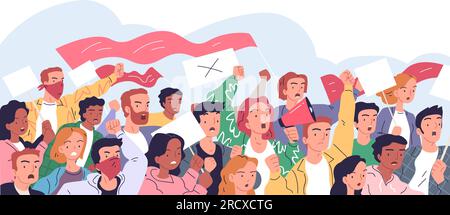 Demonstranten der Menge marschieren. Wütende Proteste Menschen versammeln sich auf der Demonstration der Straße, Gerechtigkeit, Freiheit, Revolution, Parade oder schlagen politische Protestpropaganda, klassischer Vektor Illustration des Protests, wütend Stock Vektor