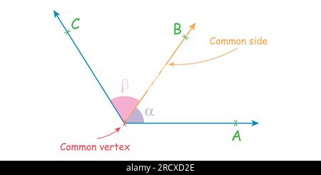 Angrenzende Winkel in der Mathematik. Zwei Winkel mit gemeinsamen Eckpunkten und Seiten. Vektordarstellung isoliert auf weißem Hintergrund. Stock Vektor