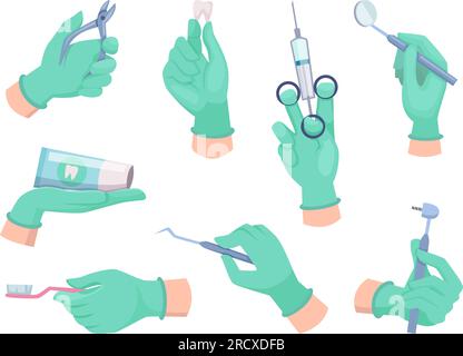 Zahnarztwerkzeuge. Arzt hält in den Händen verschiedene medizinische Instrumente für die Mundpflege exakte Vektorgeräte Stock Vektor