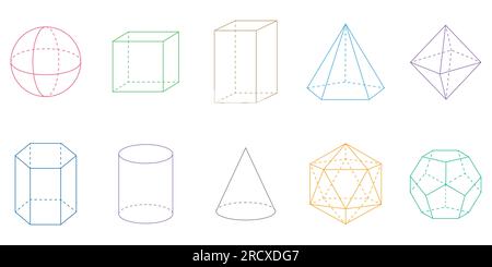 Geometrische 3D-Formen. Quadrat, Würfel, Würfel, Pentagonale Pyramide, Oktaheder, Sechseckiges Prisma, Zylinder, Kegel, Icosahedron und Dodekaeder. Stock Vektor