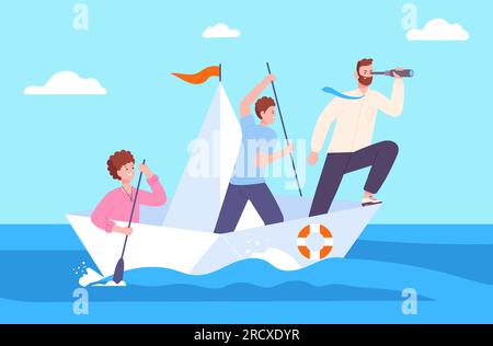 Segelteam. Leadership Concept, Leadership auf Papierbooten führen Kollegen in die Erfolgskurs der Zukunft, Mitarbeiter von Unternehmen bei der Mission von Ship Corporate, Vektordarstellung von Boat Business Leader Stock Vektor