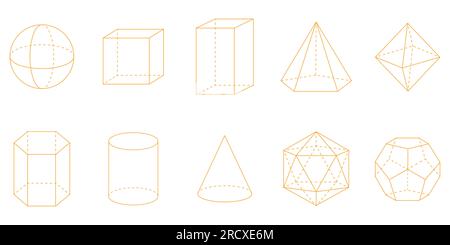 Geometrische 3D-Formen. Quadrat, Würfel, Würfel, Pentagonale Pyramide, Oktaheder, Sechseckiges Prisma, Zylinder, Kegel, Icosahedron und Dodekaeder. Stock Vektor