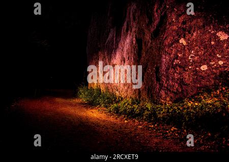 Eine Straße ins Unbekannte. Eine geheimnisvolle Schotterstraße zwischen den Felsen und dem Wald. Fantastische Orte. Im Mondlicht Stockfoto