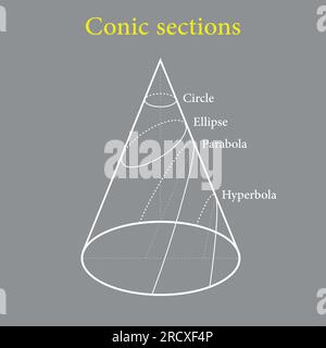 Typen von Kegelschnitten. Kreis, Ellipse, Parabel und Hyperbel. Vektordarstellung isoliert auf grauem Hintergrund. Stock Vektor