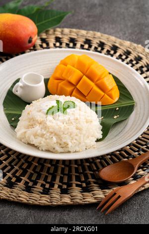 Köstlicher klebriger Reis aus thailändischer Mango mit geschnittenen frischen Mangofrüchten auf einem Teller mit grauem Tischhintergrund. Stockfoto